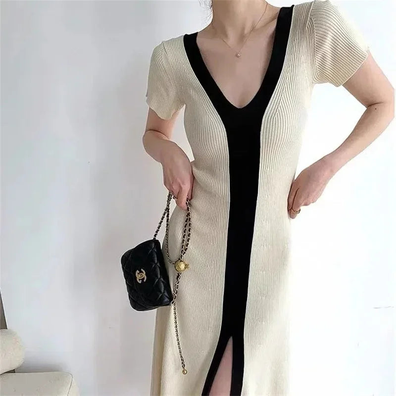 Two Tone V-Neck Knit Midi Dress
