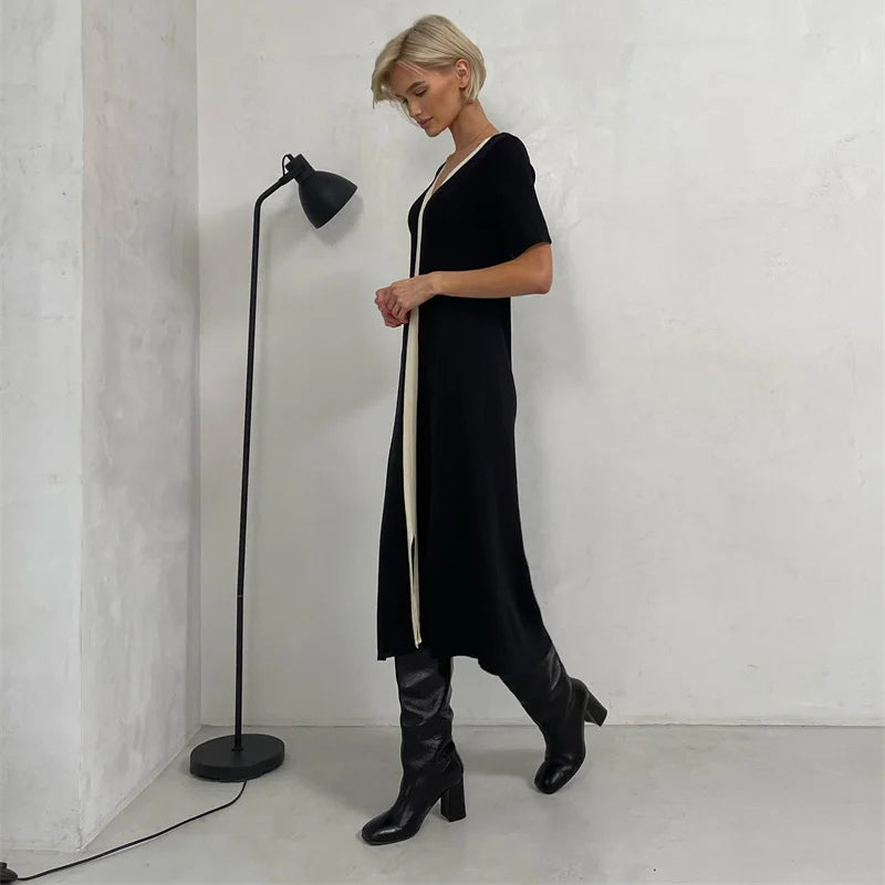 Two Tone V-Neck Knit Midi Dress