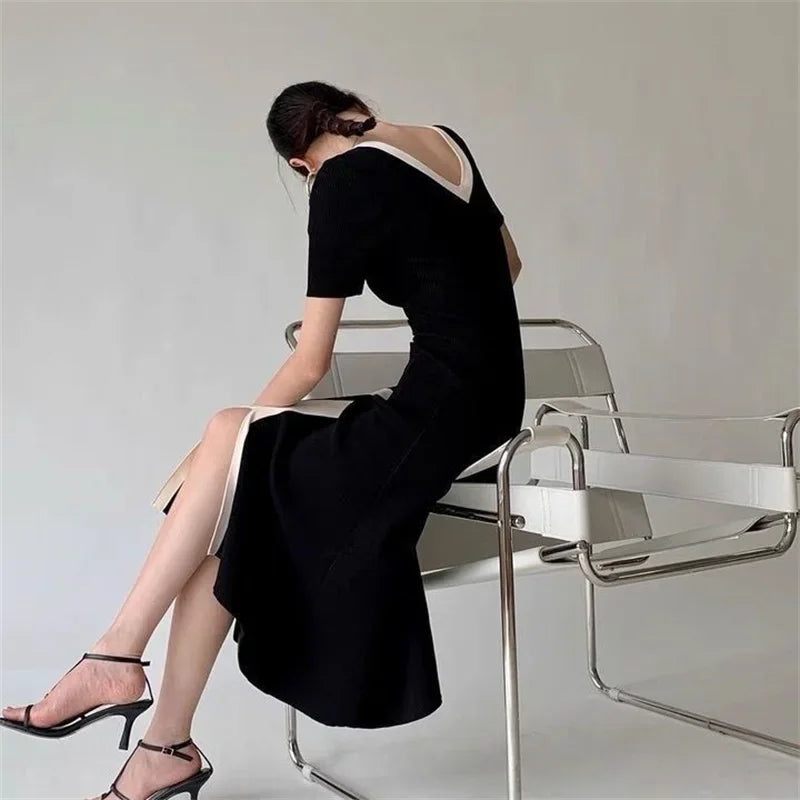 Two Tone V-Neck Knit Midi Dress
