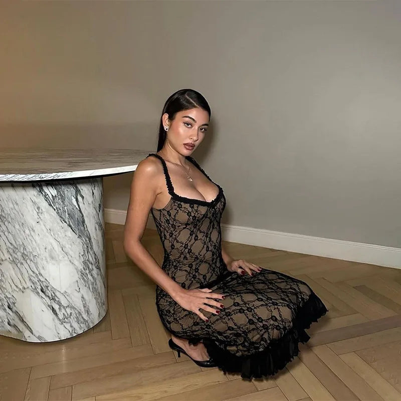 Lace Patchwork Cami Midi Dress