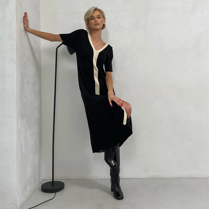 Two Tone V-Neck Knit Midi Dress