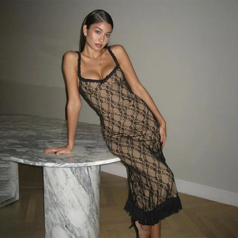 Lace Patchwork Cami Midi Dress