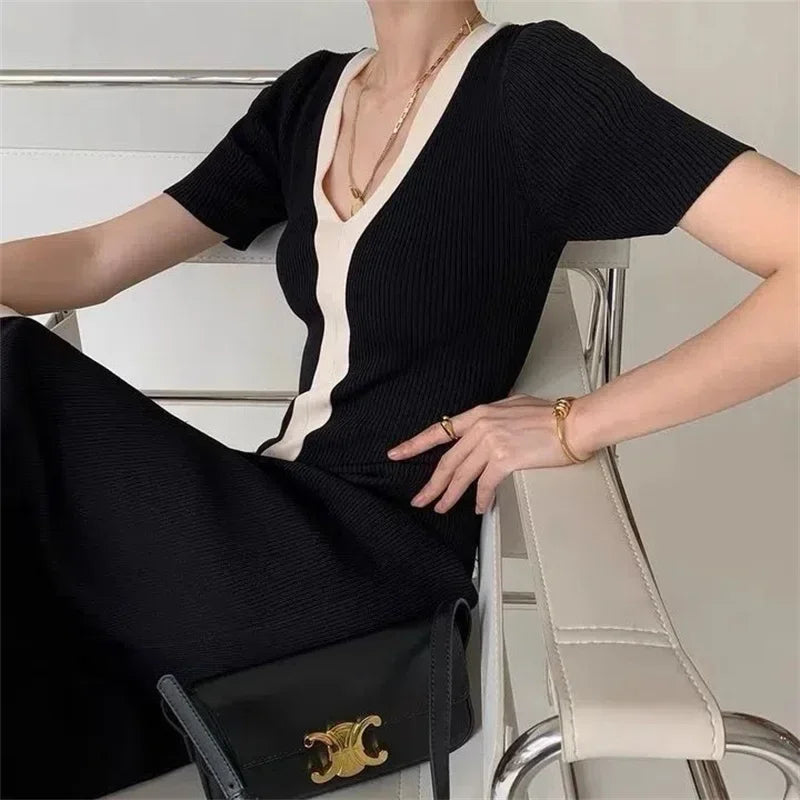 Two Tone V-Neck Knit Midi Dress
