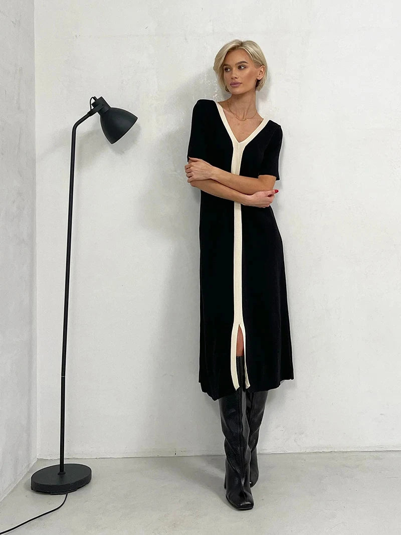 Two Tone V-Neck Knit Midi Dress