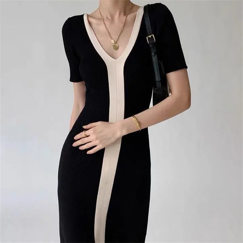 Two Tone V-Neck Knit Midi Dress