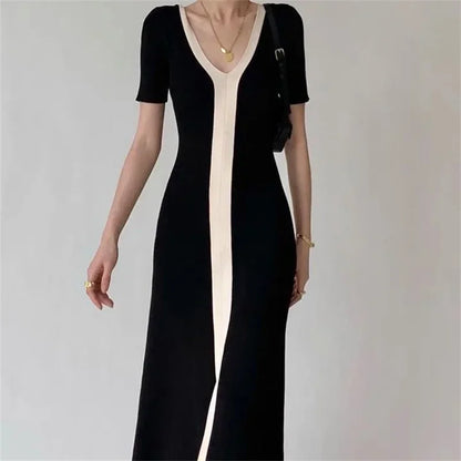 Two Tone V-Neck Knit Midi Dress