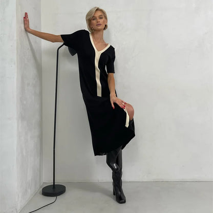 Two Tone V-Neck Knit Midi Dress
