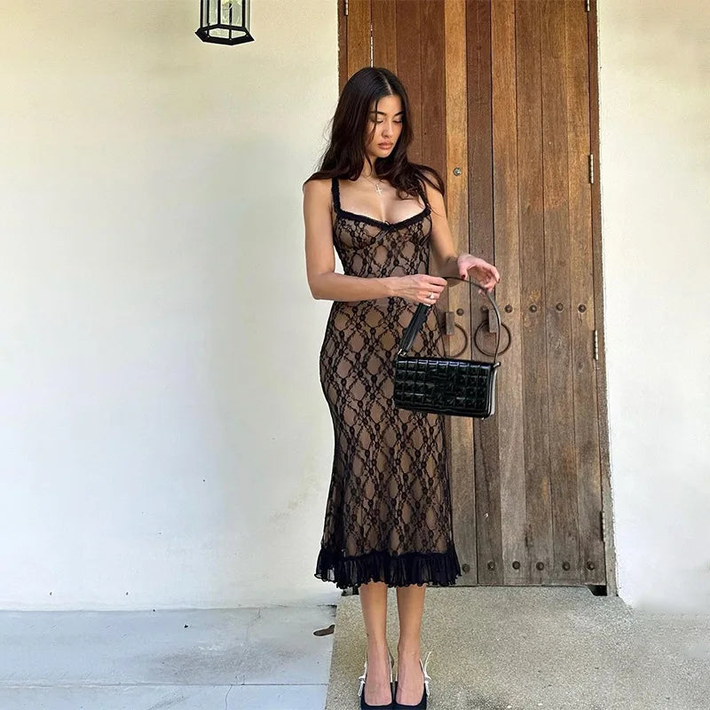 Lace Patchwork Cami Midi Dress