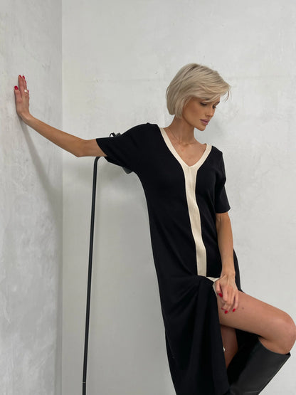 Two Tone V-Neck Knit Midi Dress